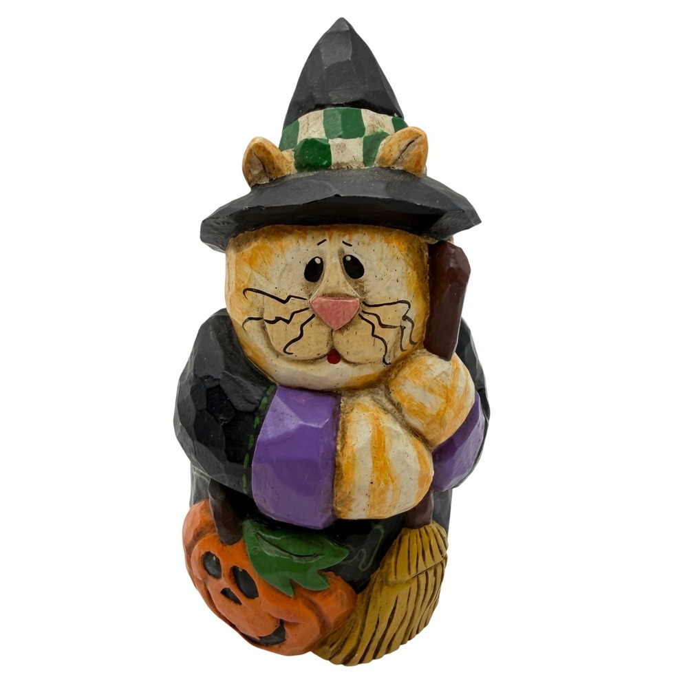 Eddie‎ Walker Folk Art Halloween Cat Witch Figurine Resin Pumpkin Broom Decor
